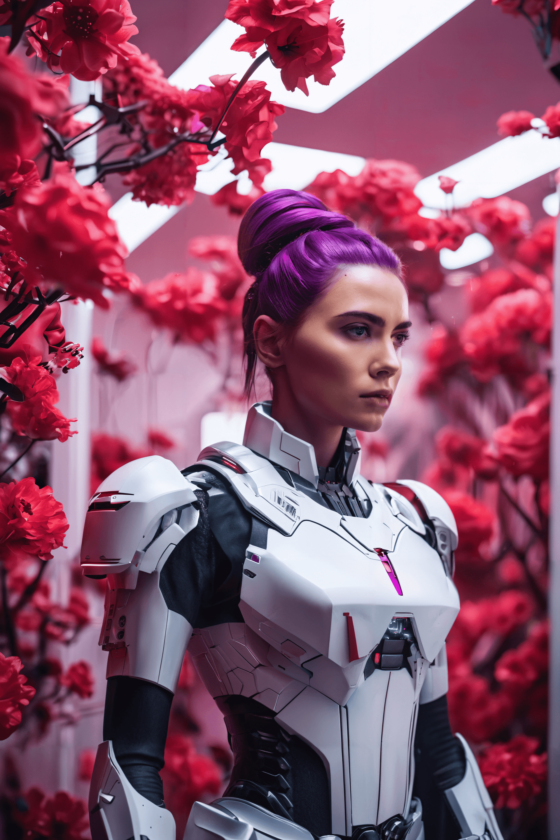 AI generated: Masterpiece,Best Quality cinematic portrait photo painting of a beautiful cyborg woman with white pa...
