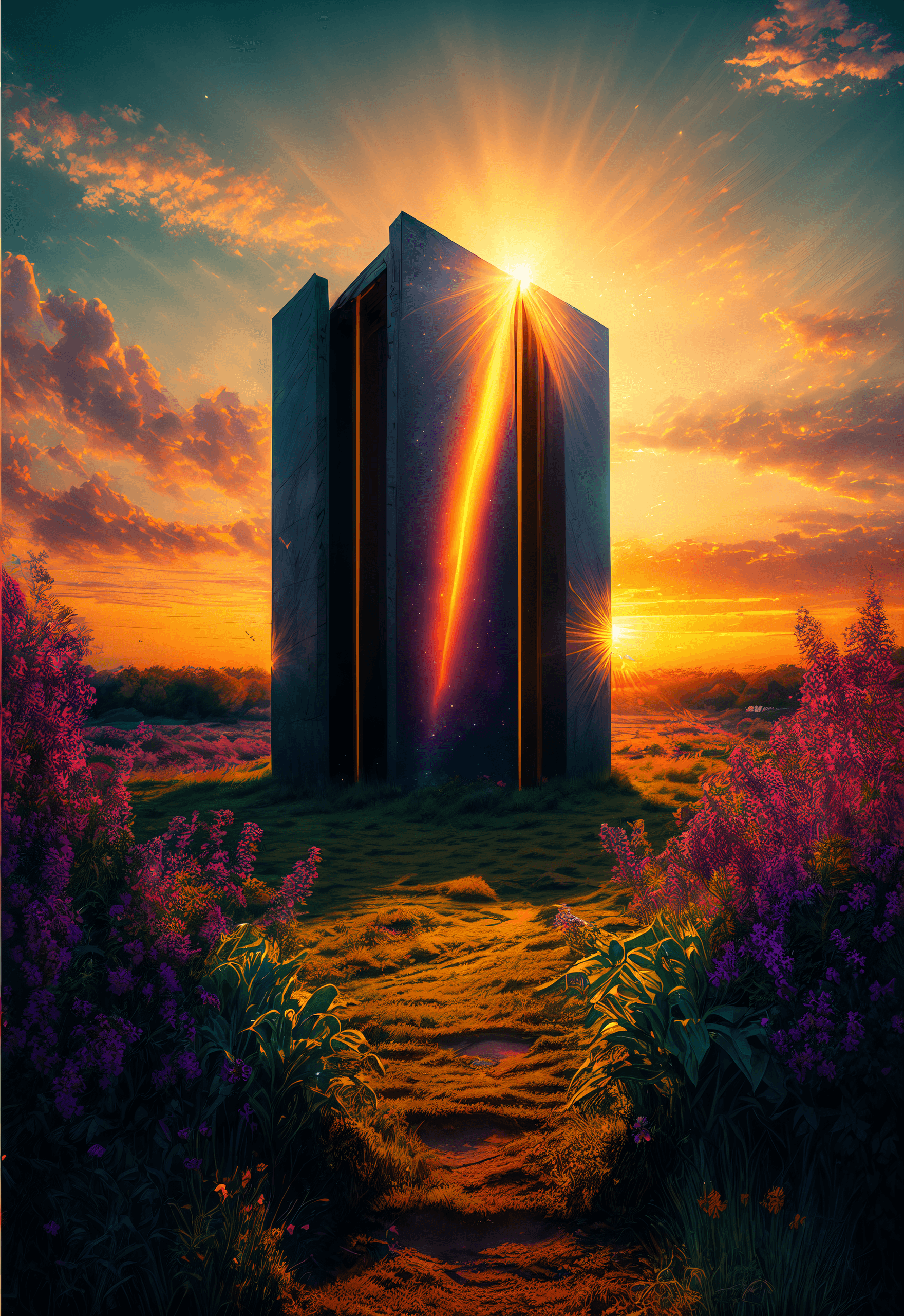 AI generated: (Masterpiece, award winning, highest quality:1.2), style of Tim Blandin, An Epic (Sunset:1.2) over a...