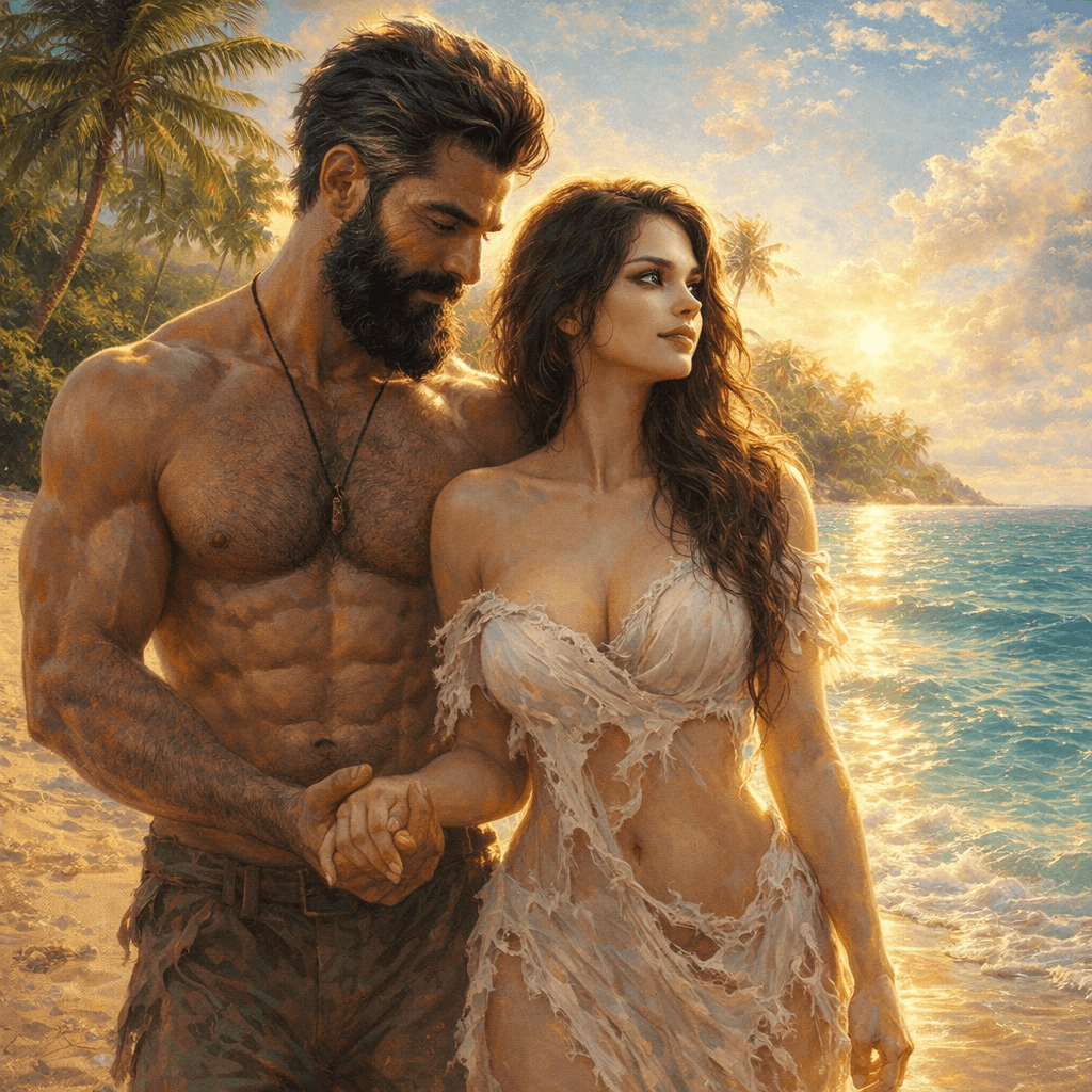 AI generated: نفس الشخصيتين في الصورة يقفان بجانب بعضهما هو قوي البنية رجلا خشن و قوي  و هي ناعمة بيضاء مفاتنها وا...