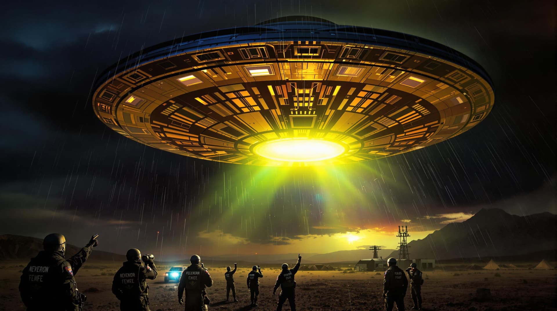 AI generated: A stormy night sky over the Nevada desert, illuminated by an intense, surreal light emanating from a...