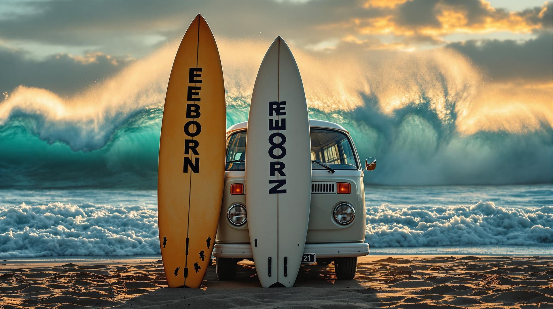 AI generated: A highly detailed distant ,ultra high definition low angle pro photo of a three surfboards standing ...
