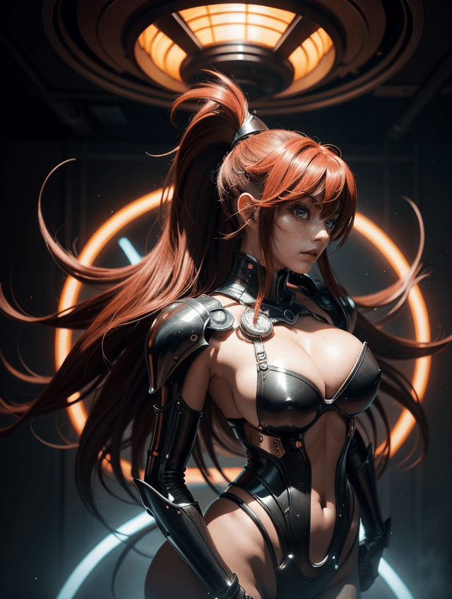 AI generated: ((High School DxD: Rias Gremory) , Plug Suit), A large circular platform reminiscent of a futuristic...
