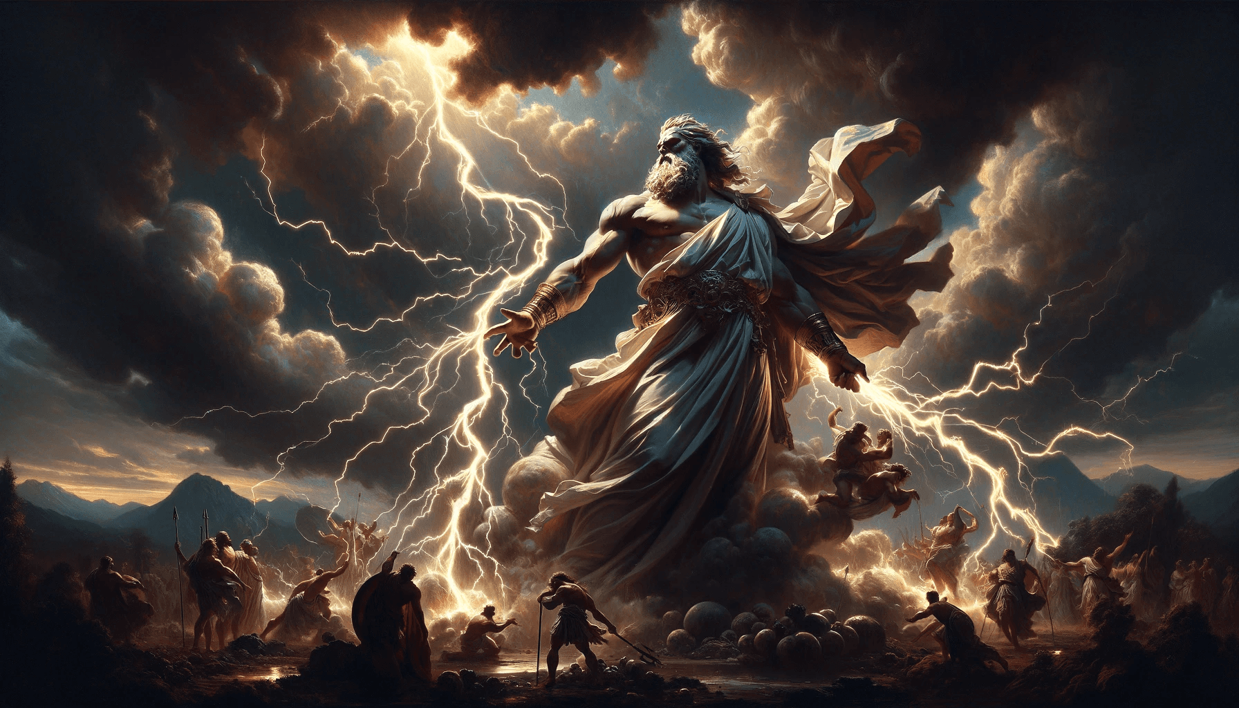 AI generated: Imagine a scene depicting Zeus, reminiscent of the style of old-time masters. The artwork should res...