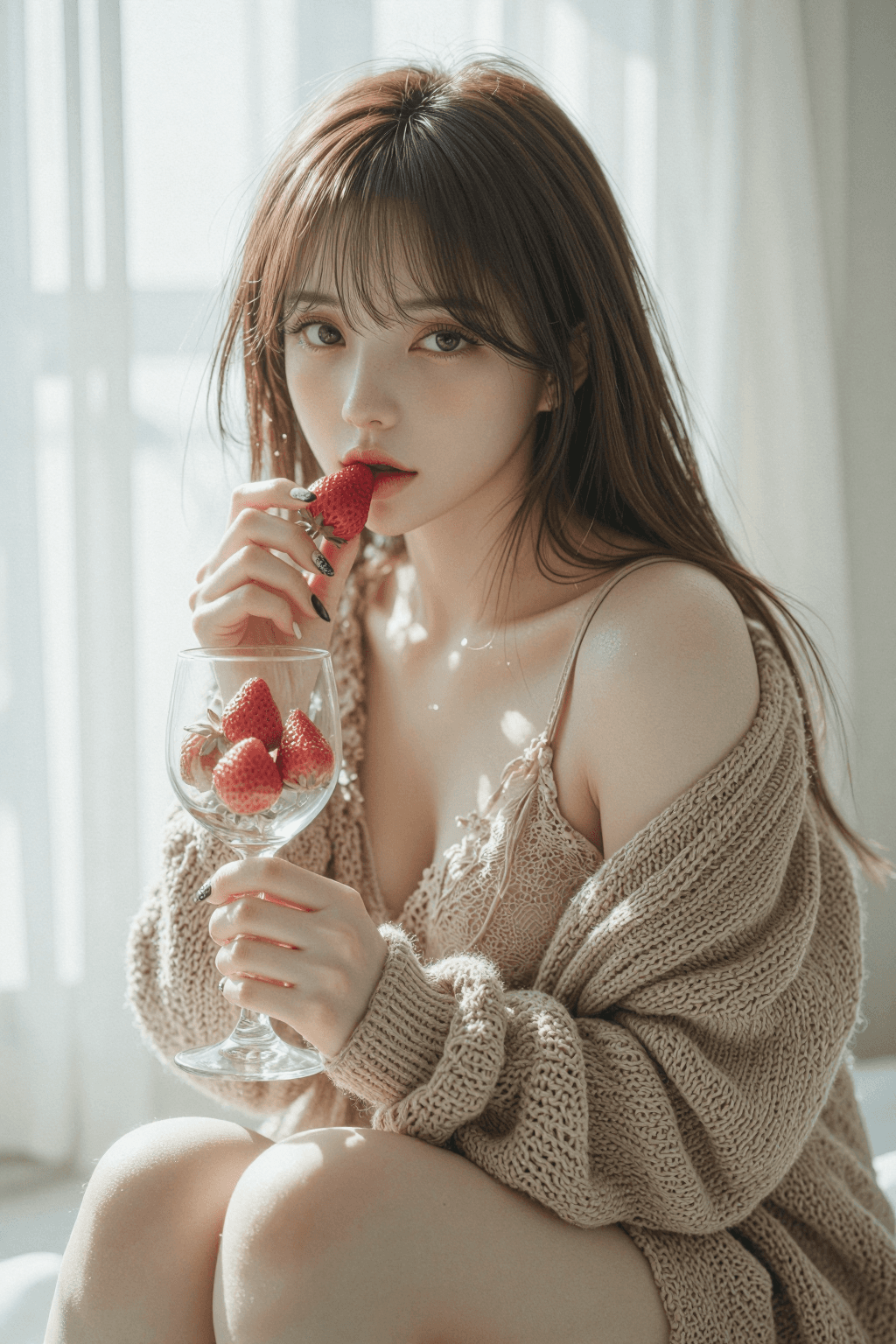 AI generated: This is a soft and intimate, medium-full shot of a beautiful young woman of East Asian descent, capt...