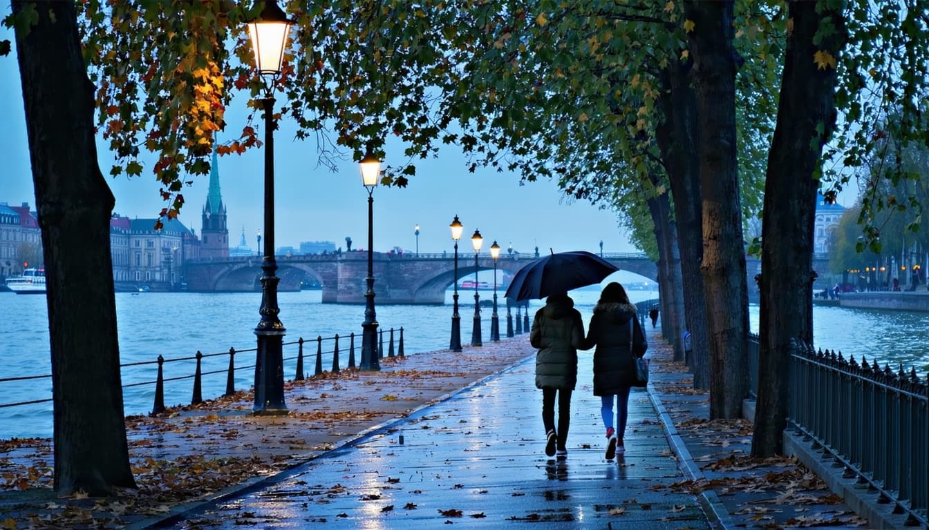 AI generated: A dry autumn street, running alongside the river, converges on a lamppost. Two people walk side by s...