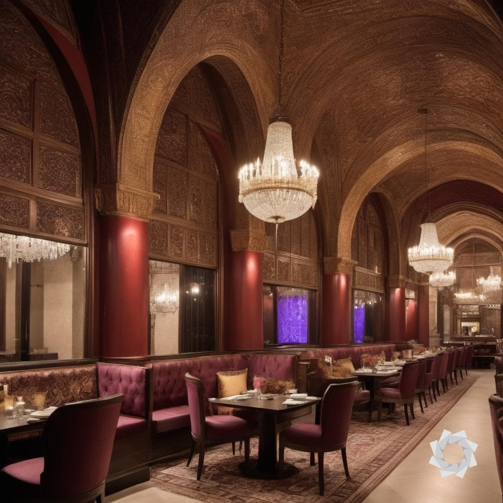 AI generated: Picture a fine dining restaurant exuding the opulent charm of Ottoman style interior design. Ornate ...