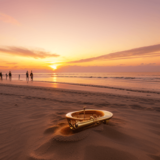 AI generated: sunny beach during a vibrant sunset with hues of orange, gold, and pink. A golden saxophone is parti...