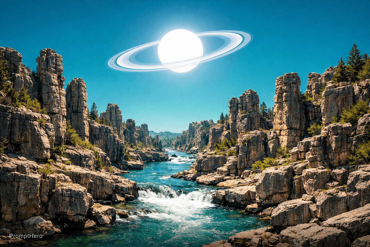 AI generated: a scenic landscape of pillared rocks and river running through them but the sky has a more teal colo...