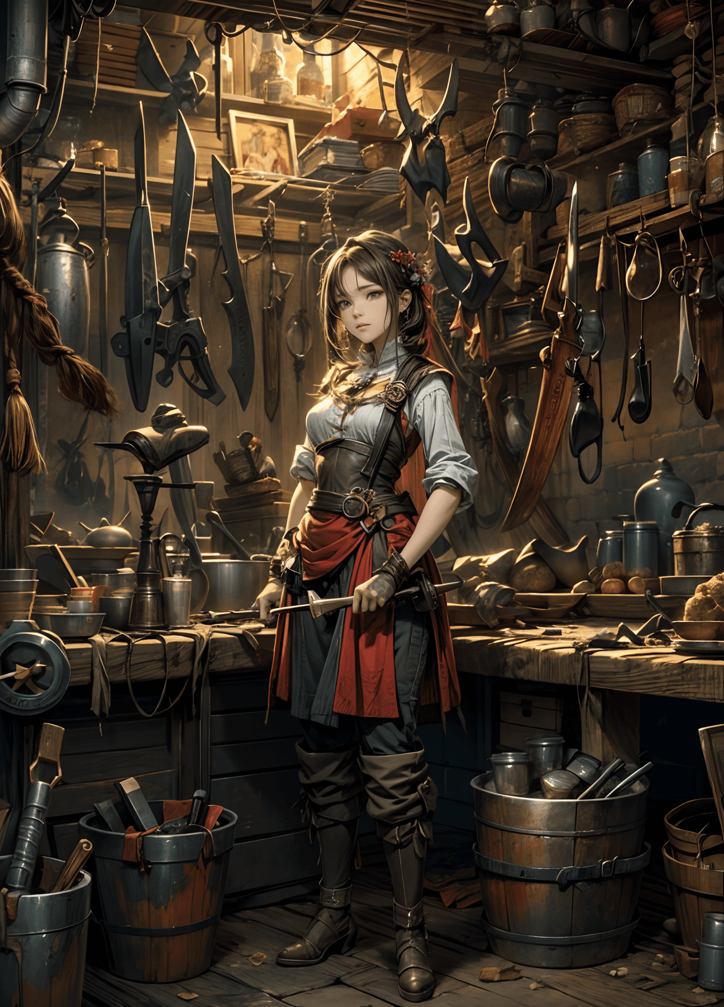 AI generated: masterpiece, concept art, medium shot, panoramic, blacksmith weapon store interior, weapon variety h...