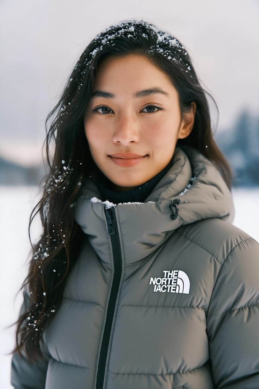 AI generated: Make it so that she is in the middle of the snow, wearing a North Face coat.