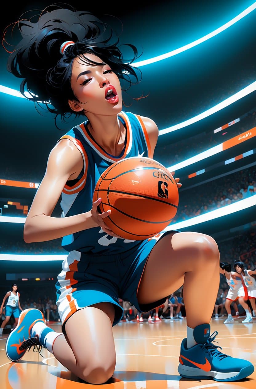 AI generated: a ultradetailed beautiful panting of a woman dribbling a basketball, by conrad roset, greg rutkowski...