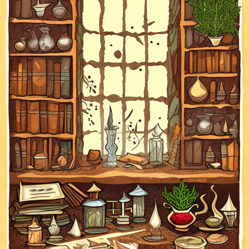 AI generated: expressive gouache and ink illustration of a folklore herbalist healer house, interior view, study r...