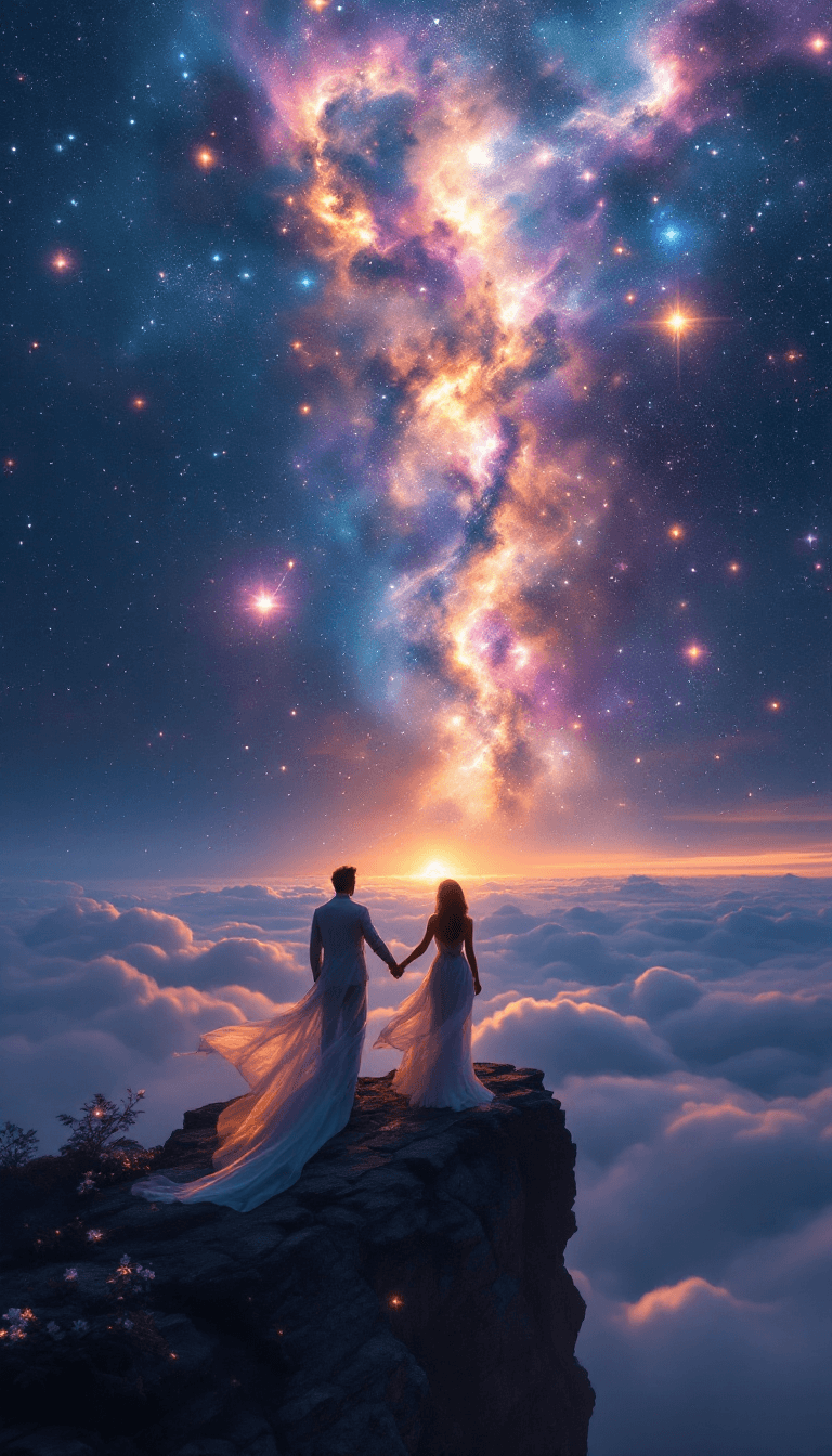 AI generated: At the edge of the world, a couple stands hand in hand atop a towering cliff, their silhouettes fram...
