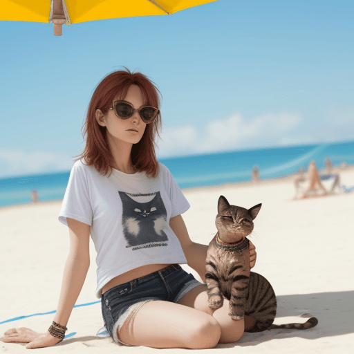 AI generated: one women, rock style, on the sunny beach, without sunglasses, with t-shirt with cat
