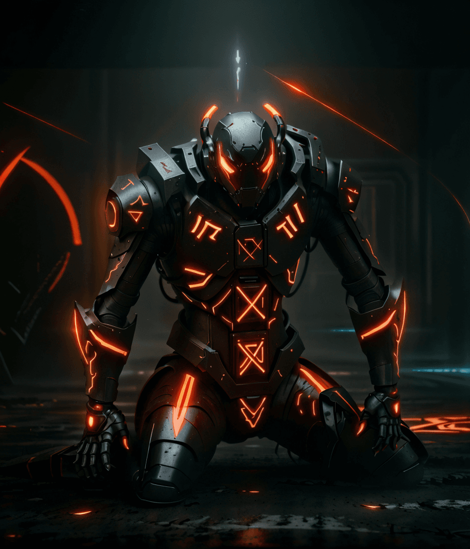 AI generated: 3d rendering, futuristic ninja robot, front view, upper-body, (full body)), neon glow with deep oran...