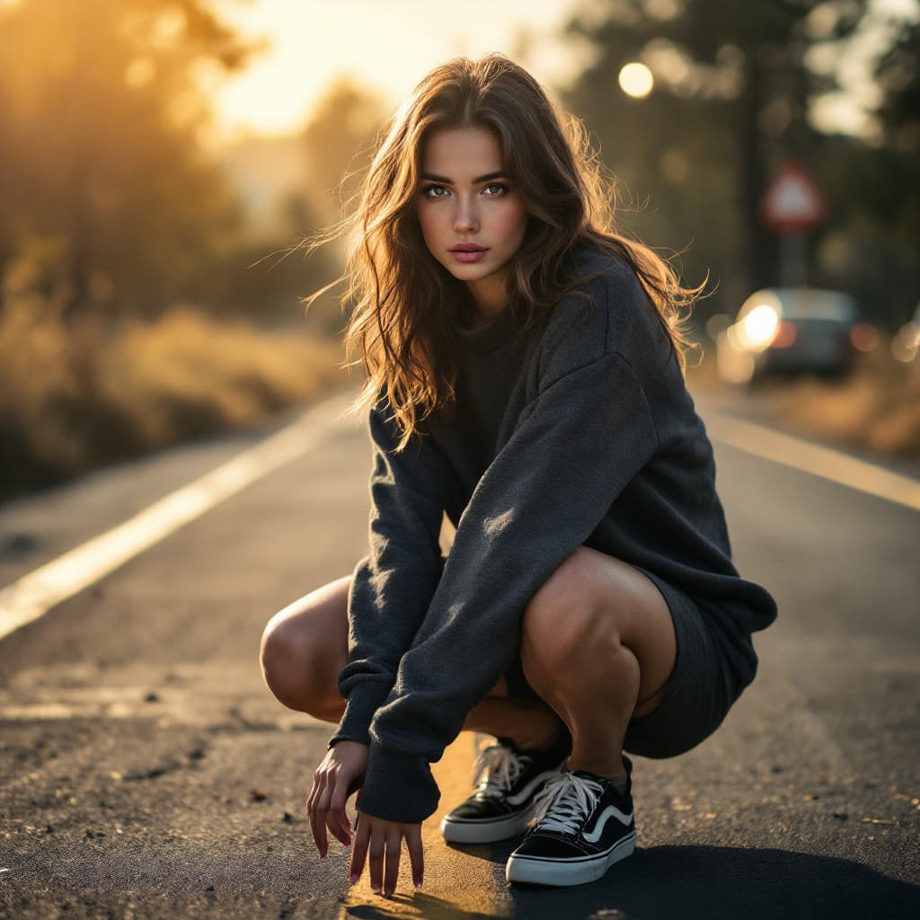 AI generated: photography, dynamic shooting, distance range, front shot, professional woman model, staring to came...