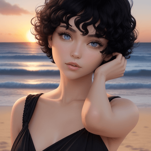 AI generated:  a sunset beach
oriental black hair
have blue eyes
Short hair with a perm
keep one's.
The hand is be...