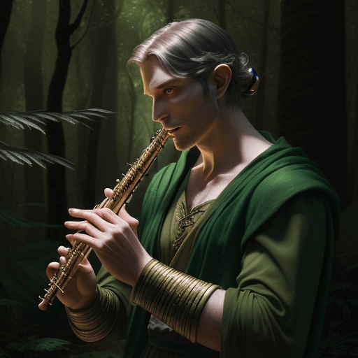 AI generated: a average looking, DnD human, in a forest, plaing a PICCOLO Flute, cinematic light, 4k, photorealist...