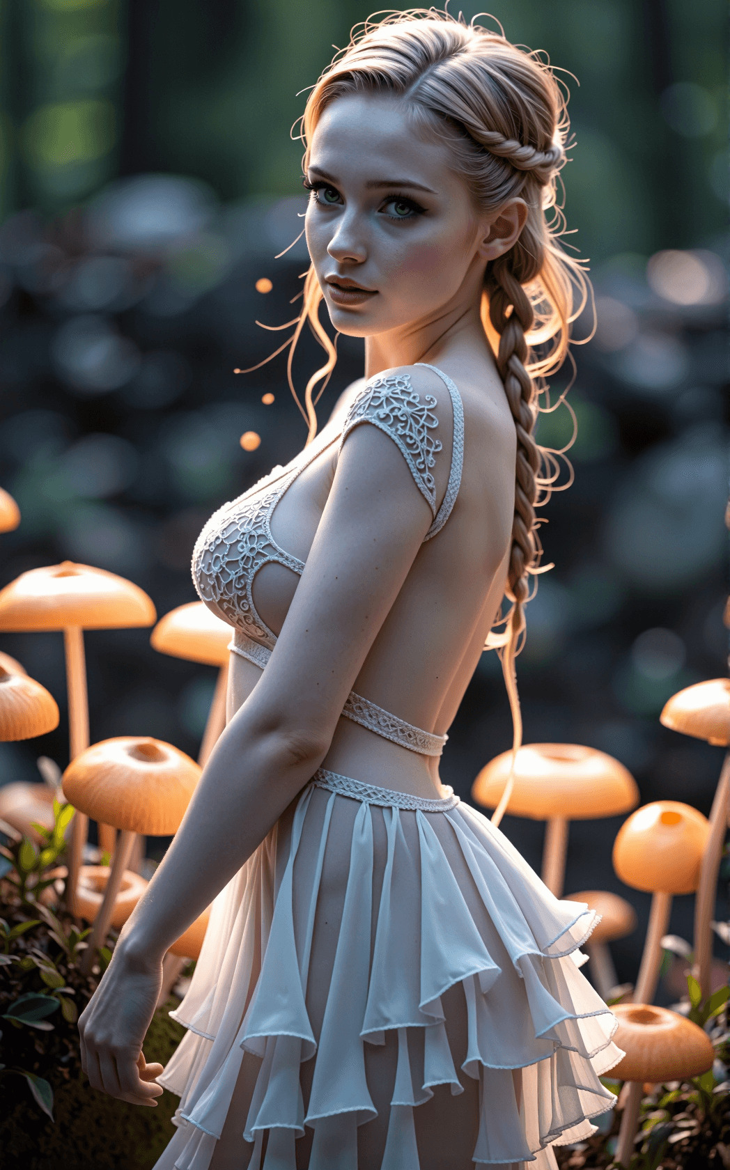 AI generated: Candid cinematic capture of a petite pixie fairy with a heart shaped face, luminous skin, and a danc...
