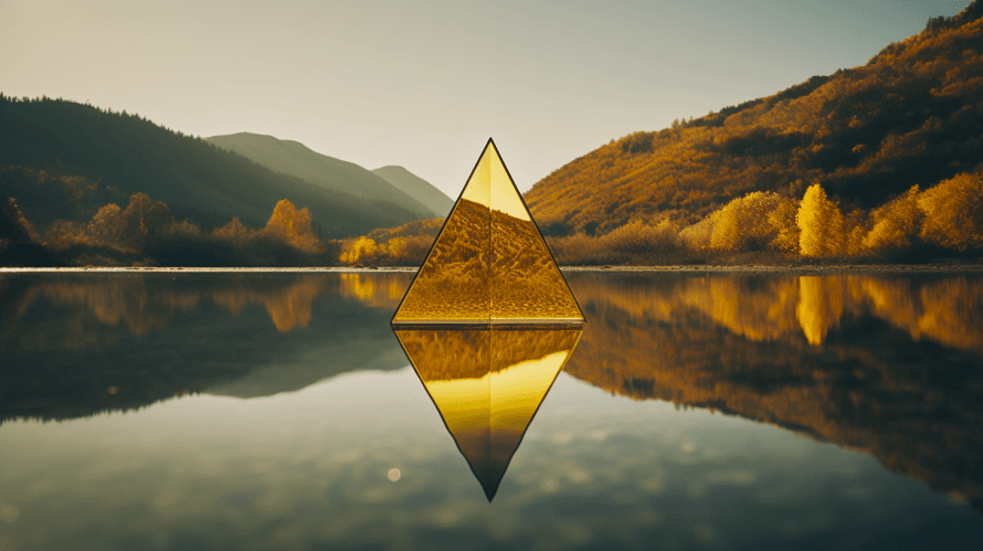 AI generated: a prism against a backdrop of a riverfront in a valley during autumn, refractive mirror, cinematic, ...