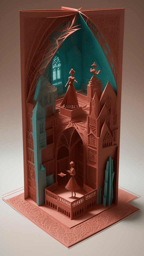 AI generated: a mesmerizing Terracotta red, light beige, & muted teal open book 3D paper cut art that defies the b...