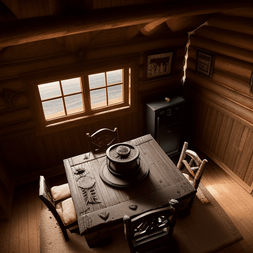 AI generated: Dark inside a rustic log cabin on the beach, full daylight, one small window in the center of each w...