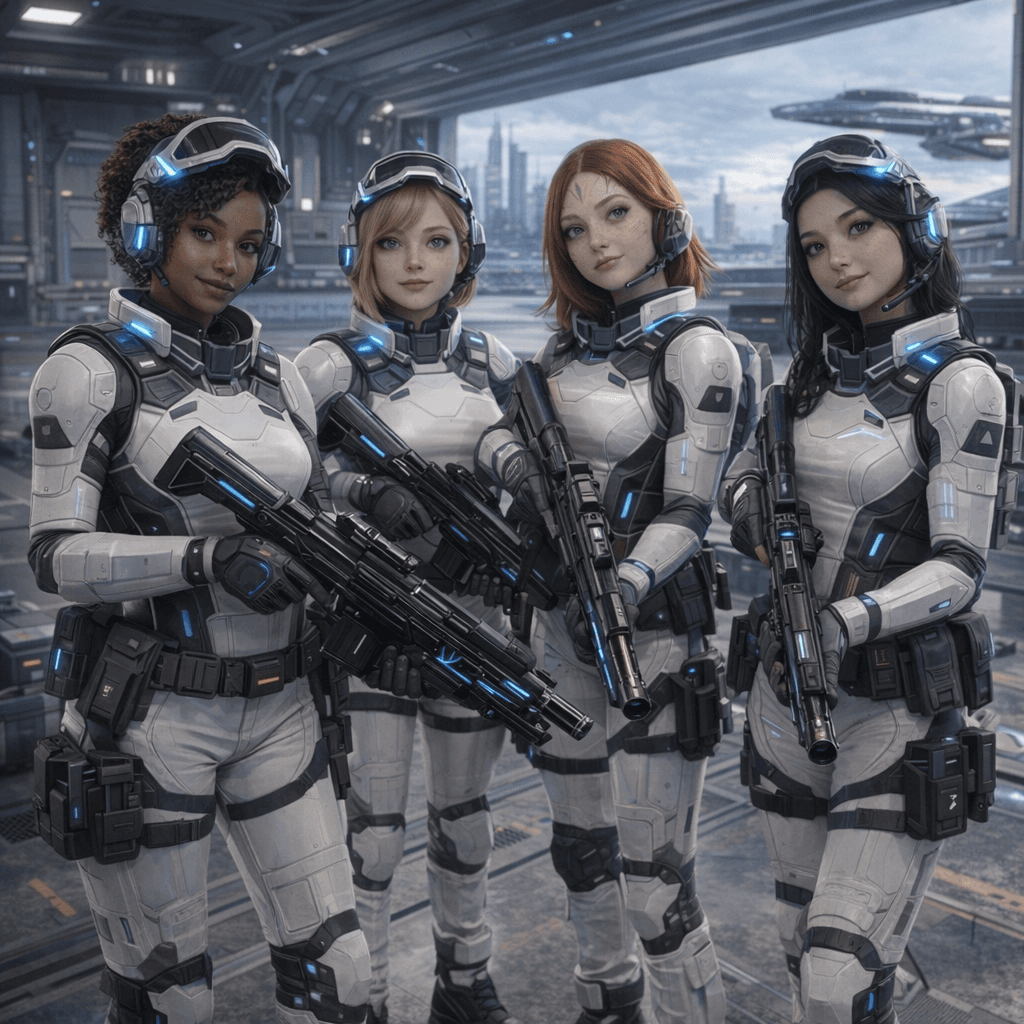 AI generated: Create additional images where the four armed, in uniform reconnaissance gear, are getting ready for...