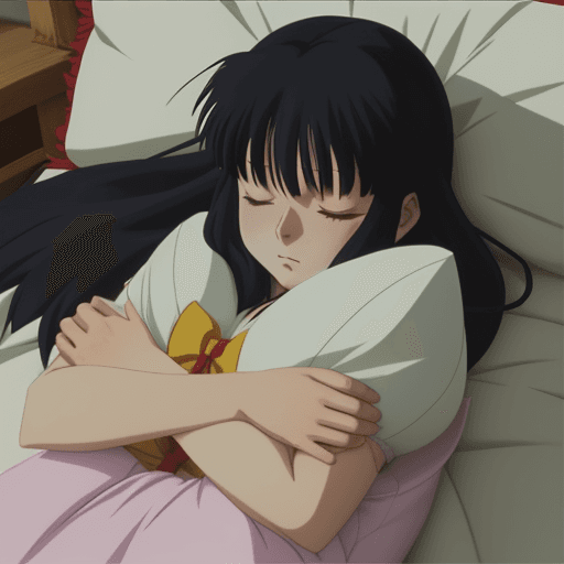AI generated: photo of Higurashi Kagome character in Inuyasha series. 
sleeping
hugging a pillow