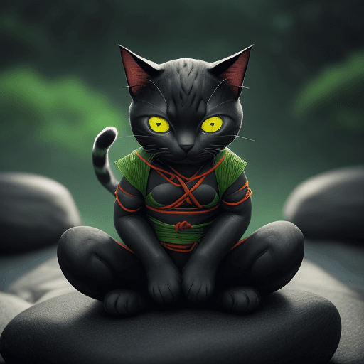 AI generated: a close-up of a realistic anthropomorphized cat paw dressed in ninja attire is meditating in a tranq...