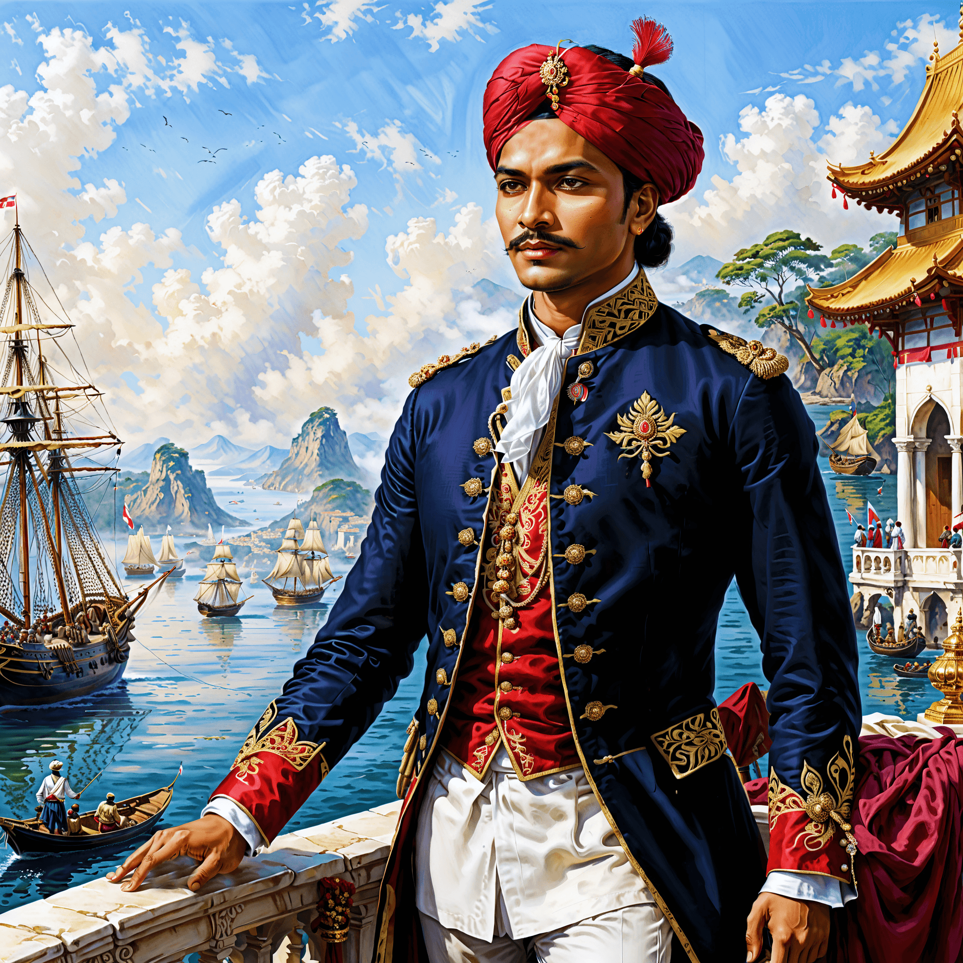 AI generated: Generate an image depicting the arrival of the East India Company in India, marking the beginning of...