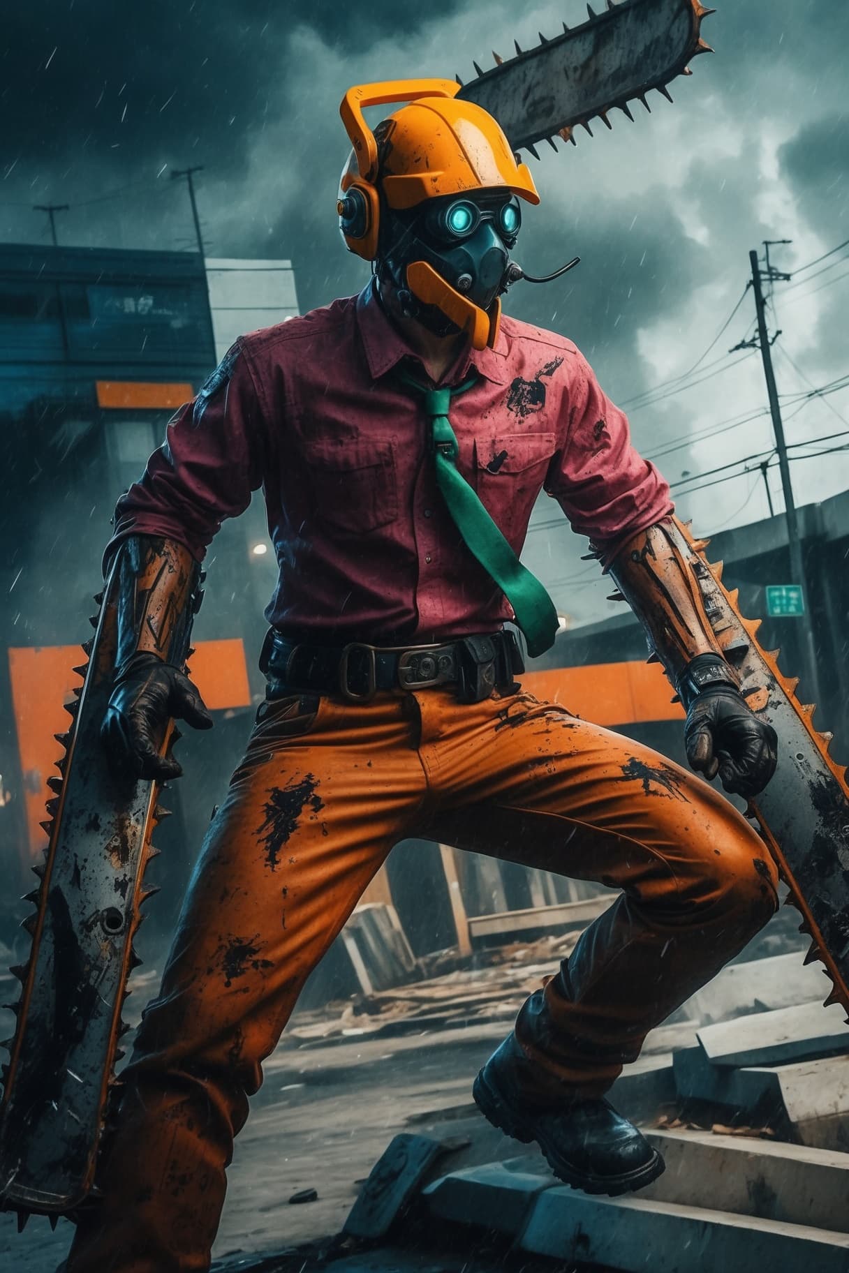 AI generated: full body photo shot of chainsaw man with chainsaw arms, Denji clone, rain, warzone, cinematic actio...