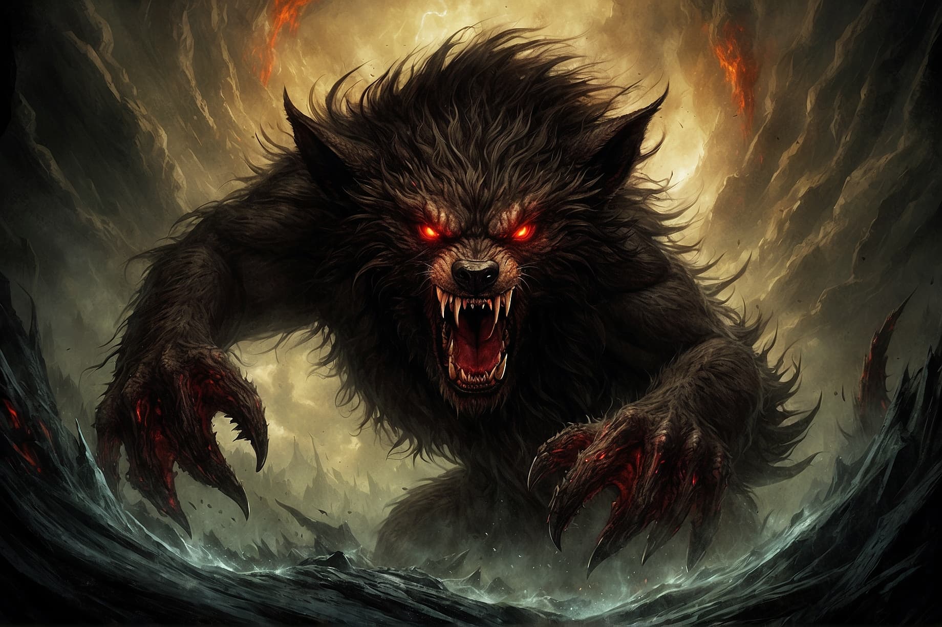 AI generated: "Create a chilling image of an evil werewolf emerging from the depths of hell. The werewolf is a gro...