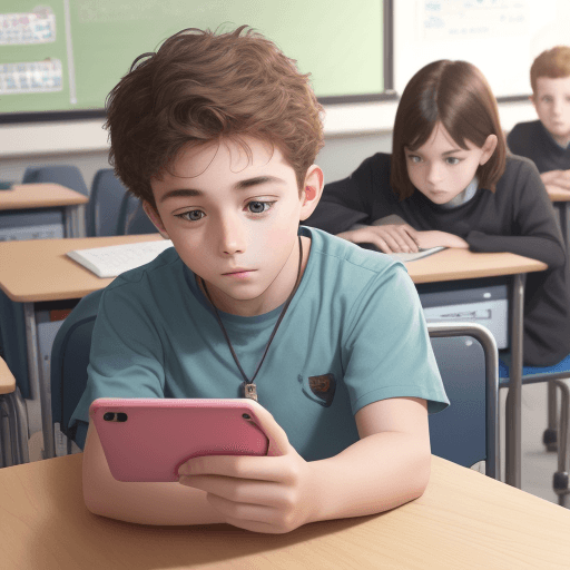 AI generated: A real photo of a young man looking at a child's phone in an ultra-real classroom
