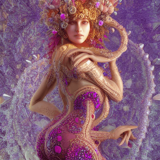 AI generated: a stunning rendition of full-body female sculpture made of fractal gems, fractal crystals, intricate...