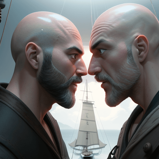AI generated: bald and hairy men looking at each other with surprise, studio atmosphere, studio lighting clean. Ph...