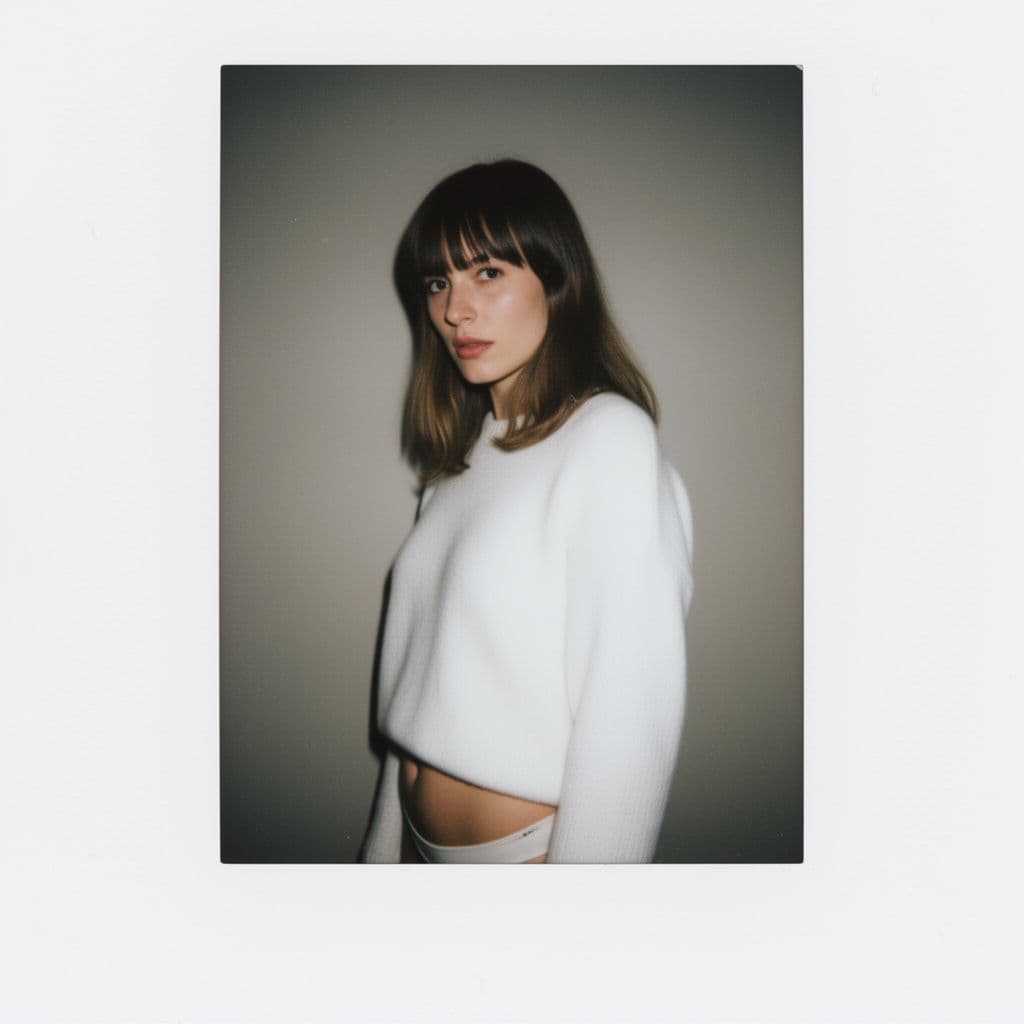 AI generated: Photograph of a naked woman with long hair, bangs, and a white sweater, medium-length hair, natural ...