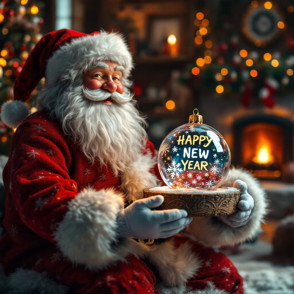 AI generated: A 3D representation of a real scene of Santa Claus sitting on a shelf. Santa Claus is holding a tran...
