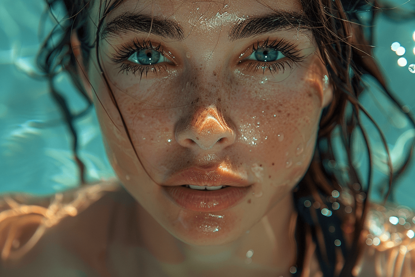 AI generated: woman with long hair near the turquoise Mediterranean sunny sea, in the style of an aquarium glare o...