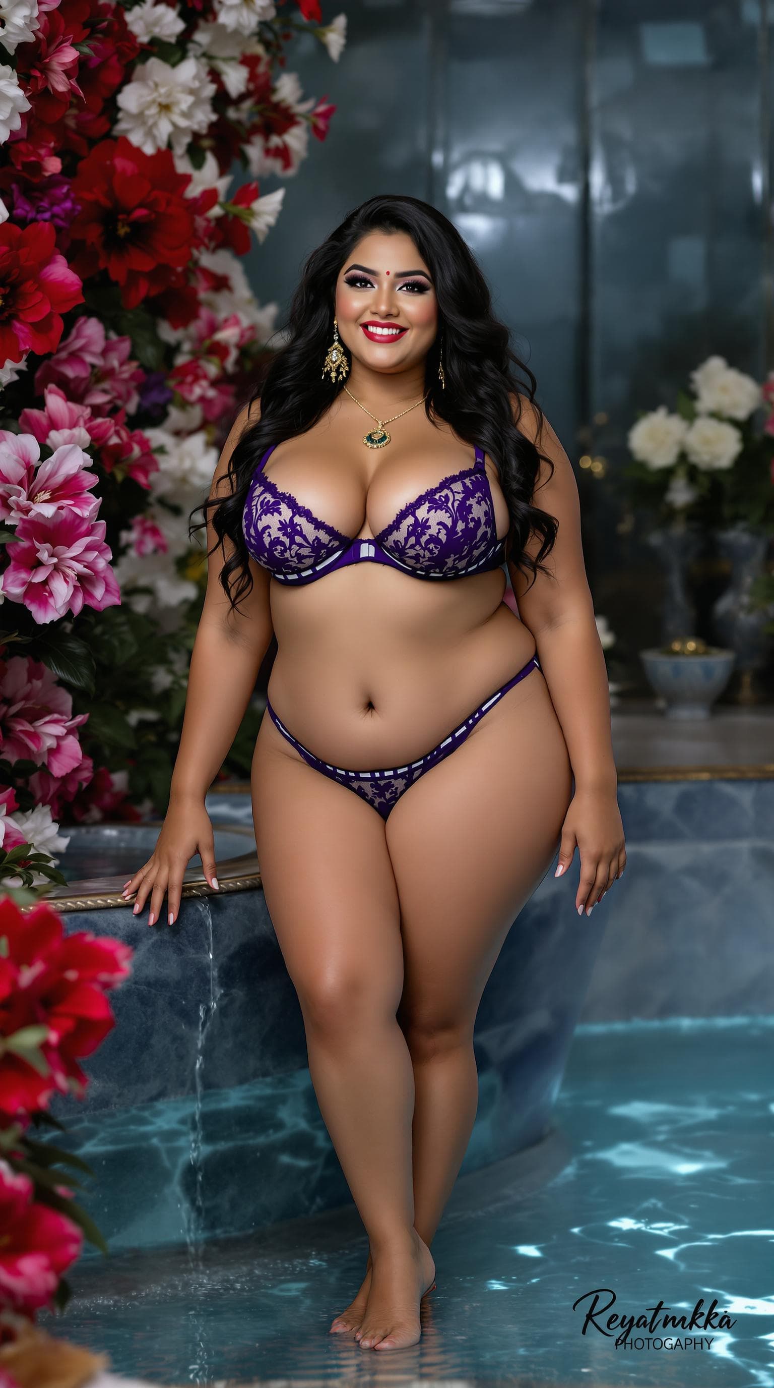 AI generated: a full body picture with realistic look of a very hot Indian plus size sexy bikini girl standing wit...