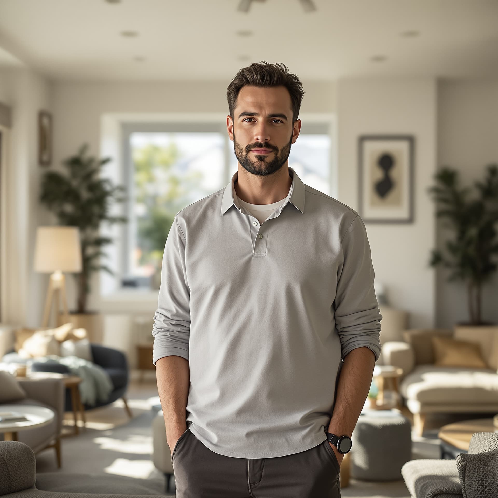 AI generated: A realistic photo of a 30-year-old man standing in the living room of his home, wearing casual moder...