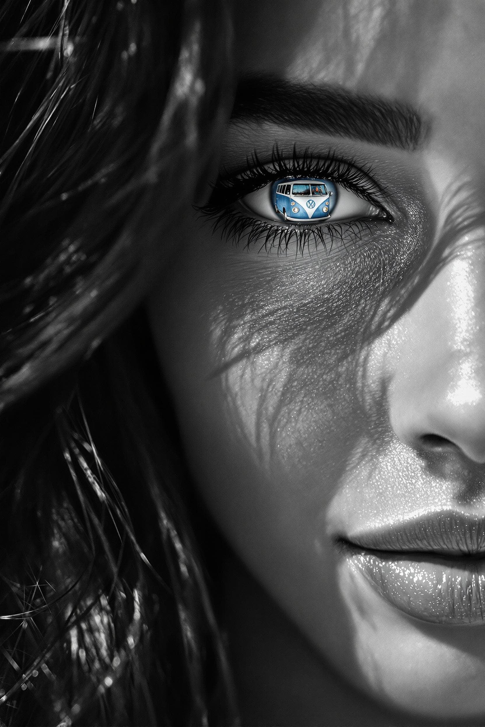 AI generated: a photo realistic, master black and white photo of a beautiful Brazilian, dark haired model's comple...