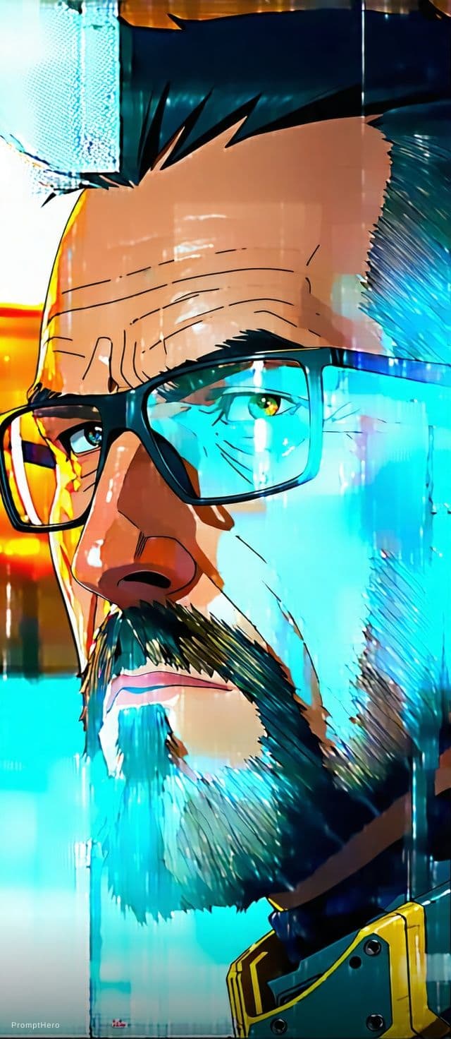 AI generated: High quality portrait of Gordon Freeman from HL2. Art by Makoto Shinkai, Crunchyroll, pixiv, danboor...