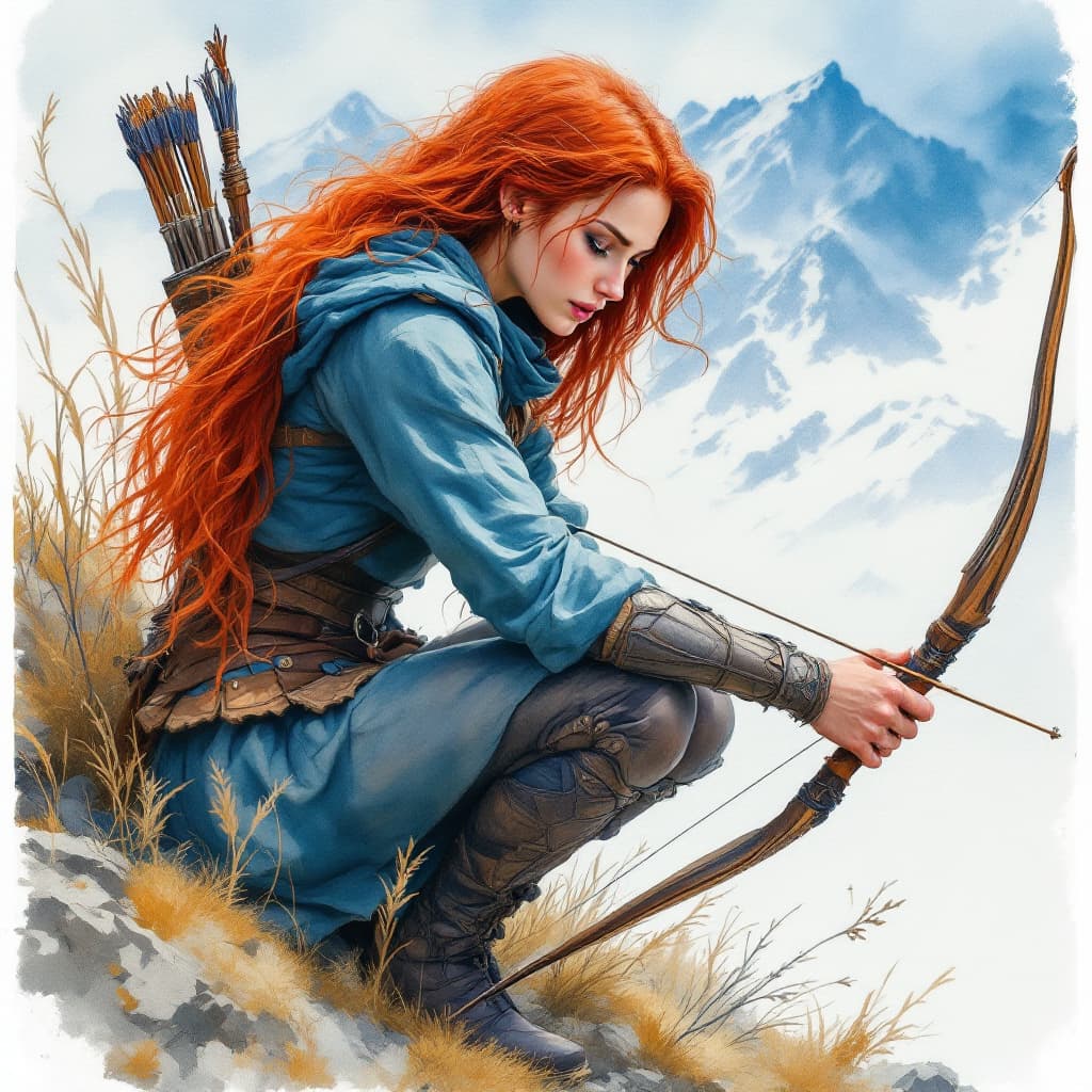 AI generated: A reflective moment captured; a red-haired warrior dressed in blue, deep in thought with her bow, pe...