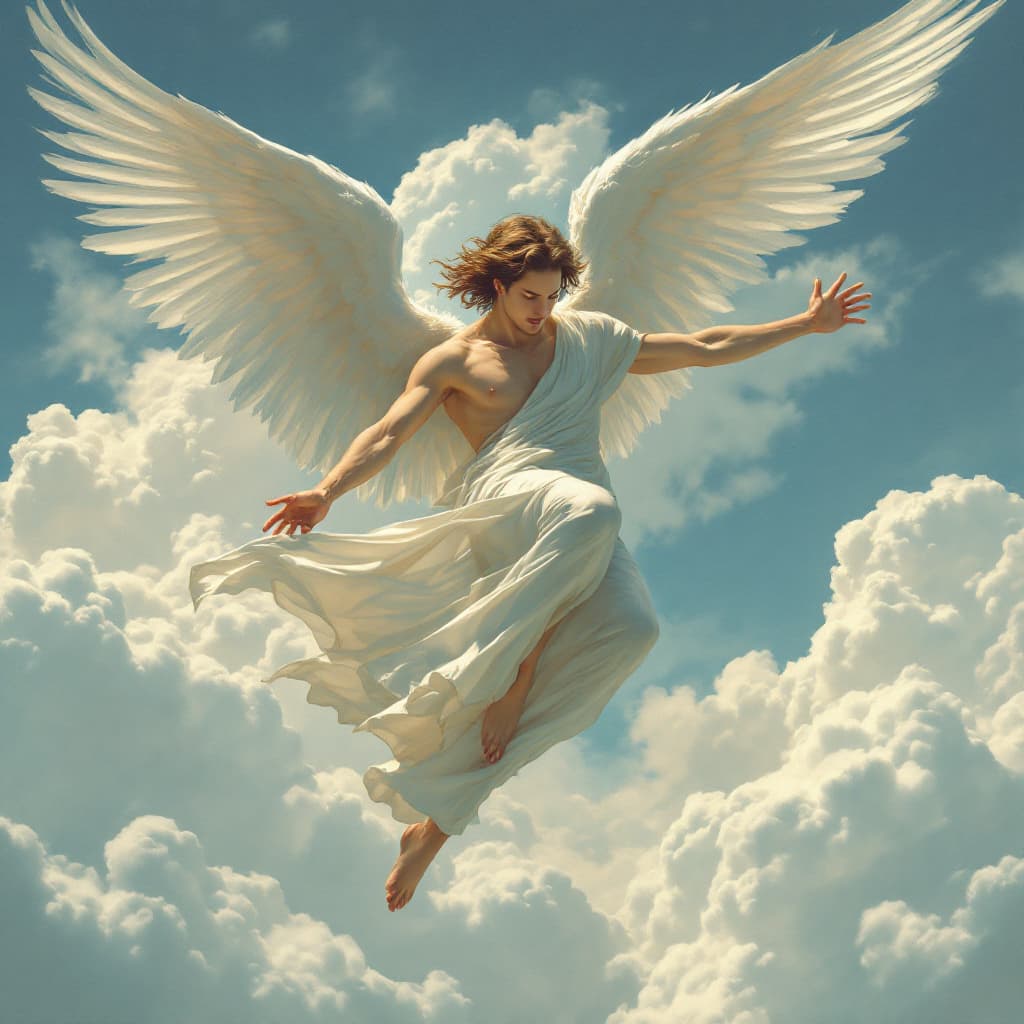 AI generated: angel carrying a man, arm extended, Delicate  Angel wings in the clouds, deep blue sk --ar 3:4 --sty...