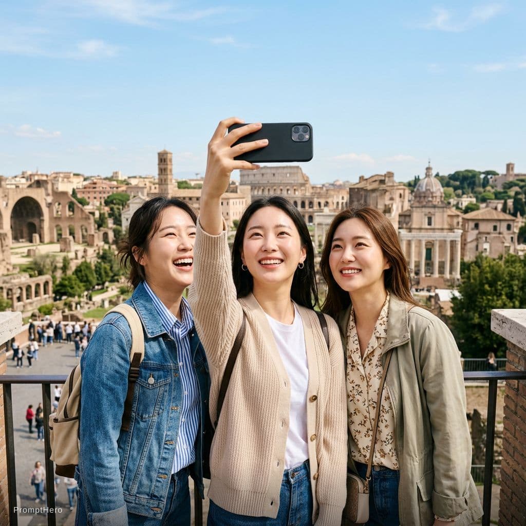 AI generated: Three Korean female tourists taking a selfie in Rome, Italy.
Frontal composition, centered frame.
Th...