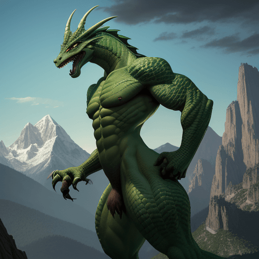 AI generated: looking at the quadriceps of a skinny, athletic green male anthro dragon, gargantuan, towering over ...