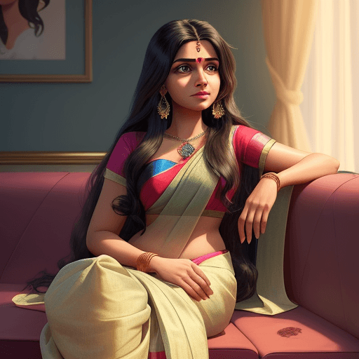 AI generated: a woman, with long hair in saree, sitting on a couch, in the style of cartoon realism, i can't belie...