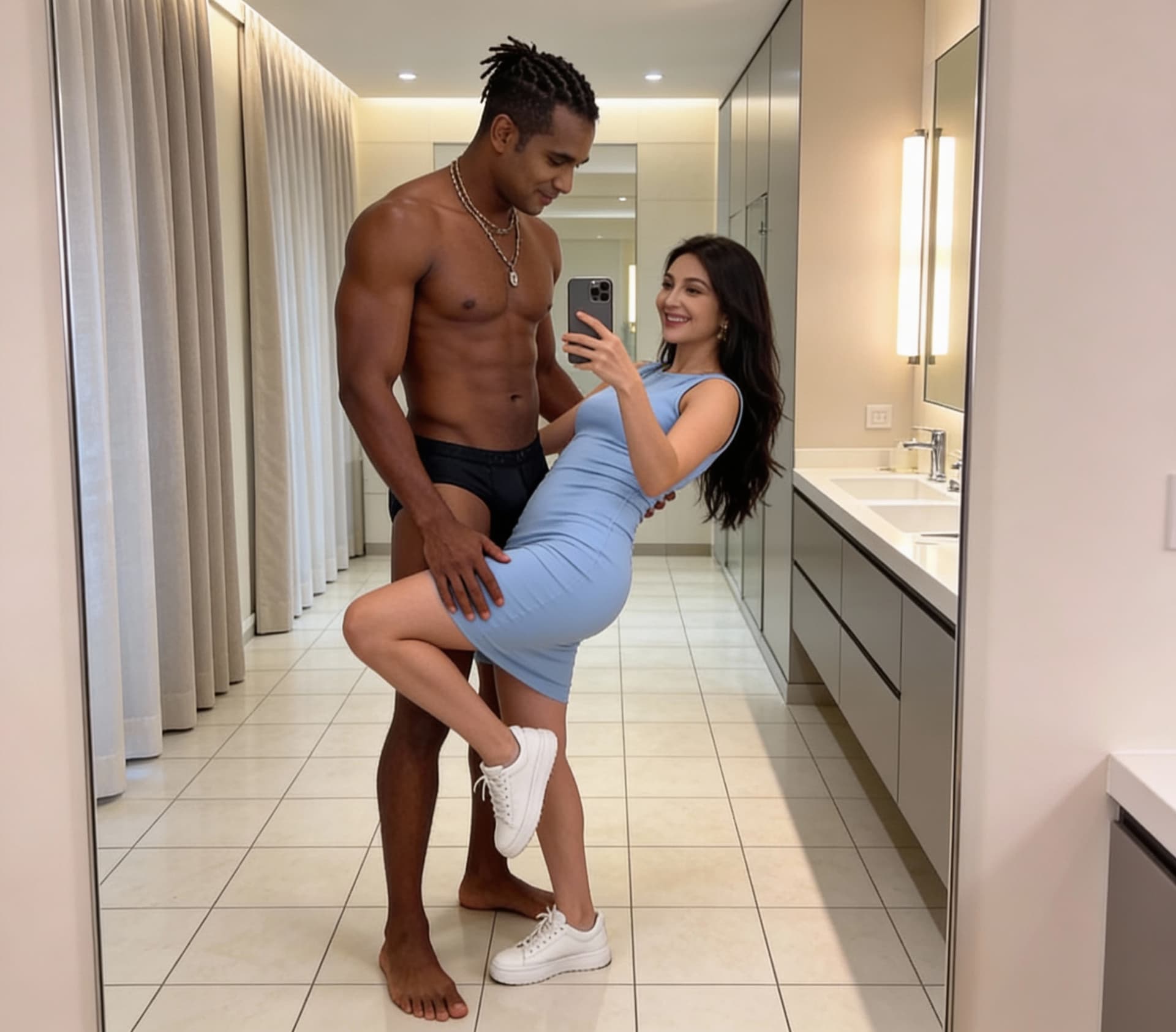AI generated: A mirror selfie taken indoors, likely in a modern bathroom or dressing area with tiled flooring and ...