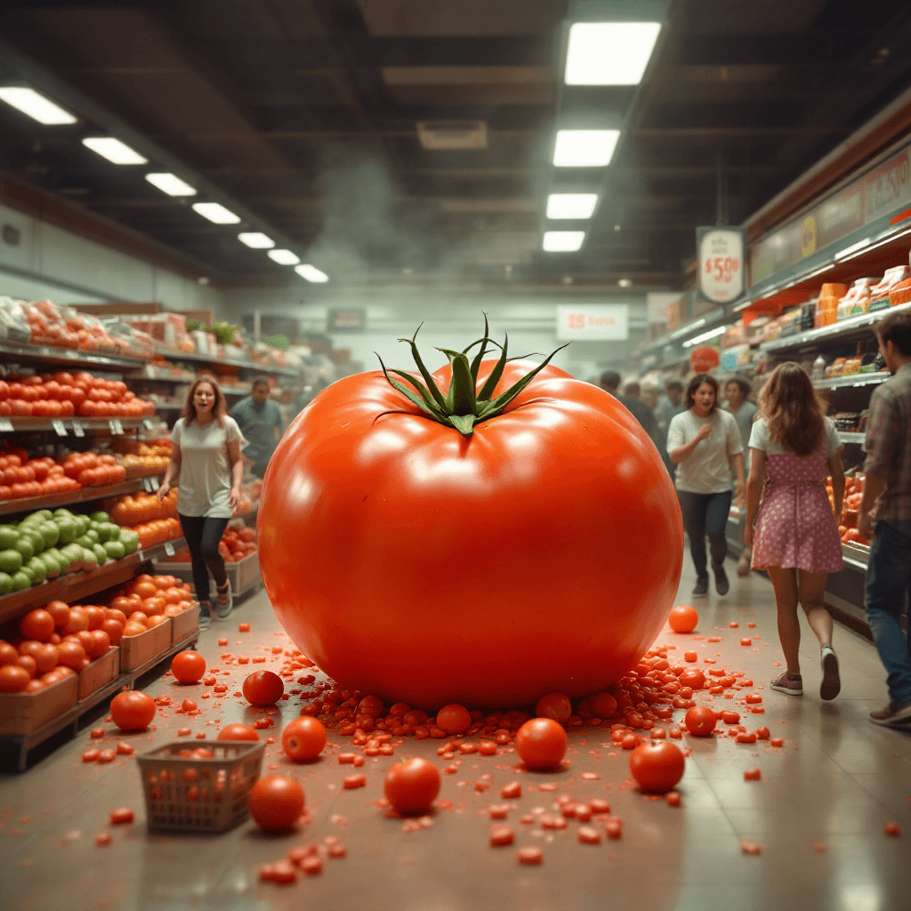 AI generated: a giant tomato on the ground attacking people in  store ,  the customers are terrified and running a...