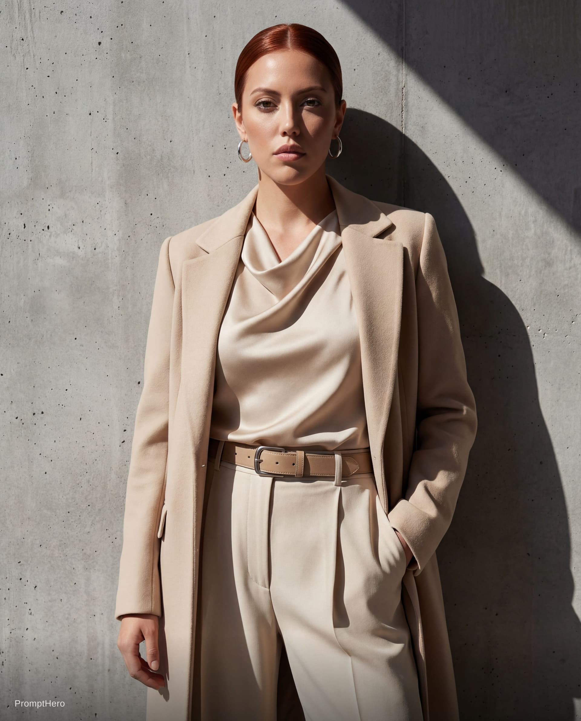 AI generated: Fashion editorial-style photo
The model is posing in front of a gray concrete wall, with strong ligh...